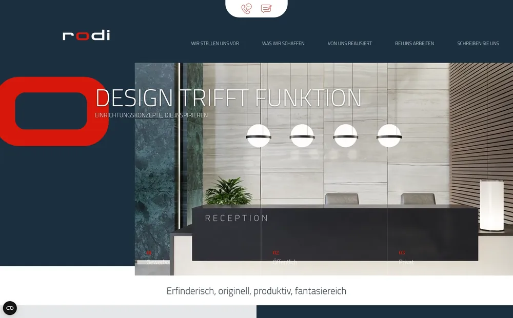 Website Rodi: moderne Hotelrezeption, Headline 'Design trifft Funktion'